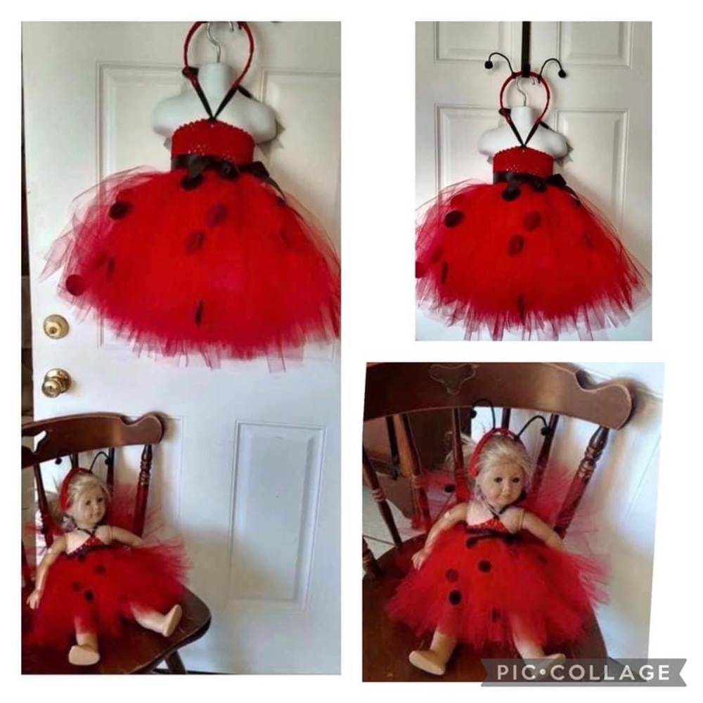 NWOT Hand made 12m-2yrs Lady Bug Red/black Tutu dress/headband with doll Tutu